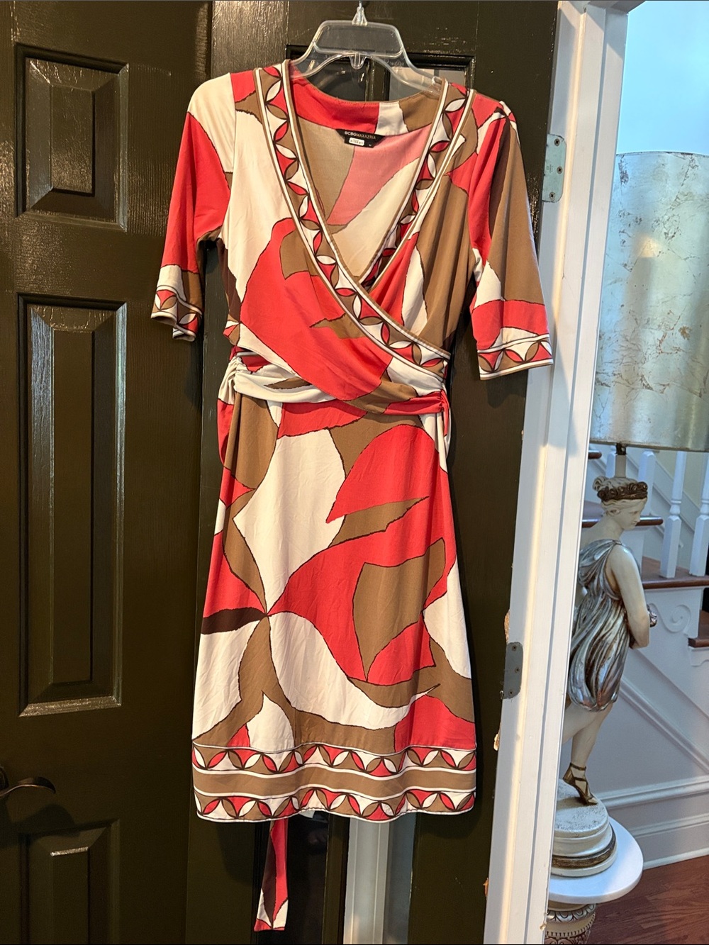 BCBGMaxAzria Coral, Brown & Cream Wrap Dress